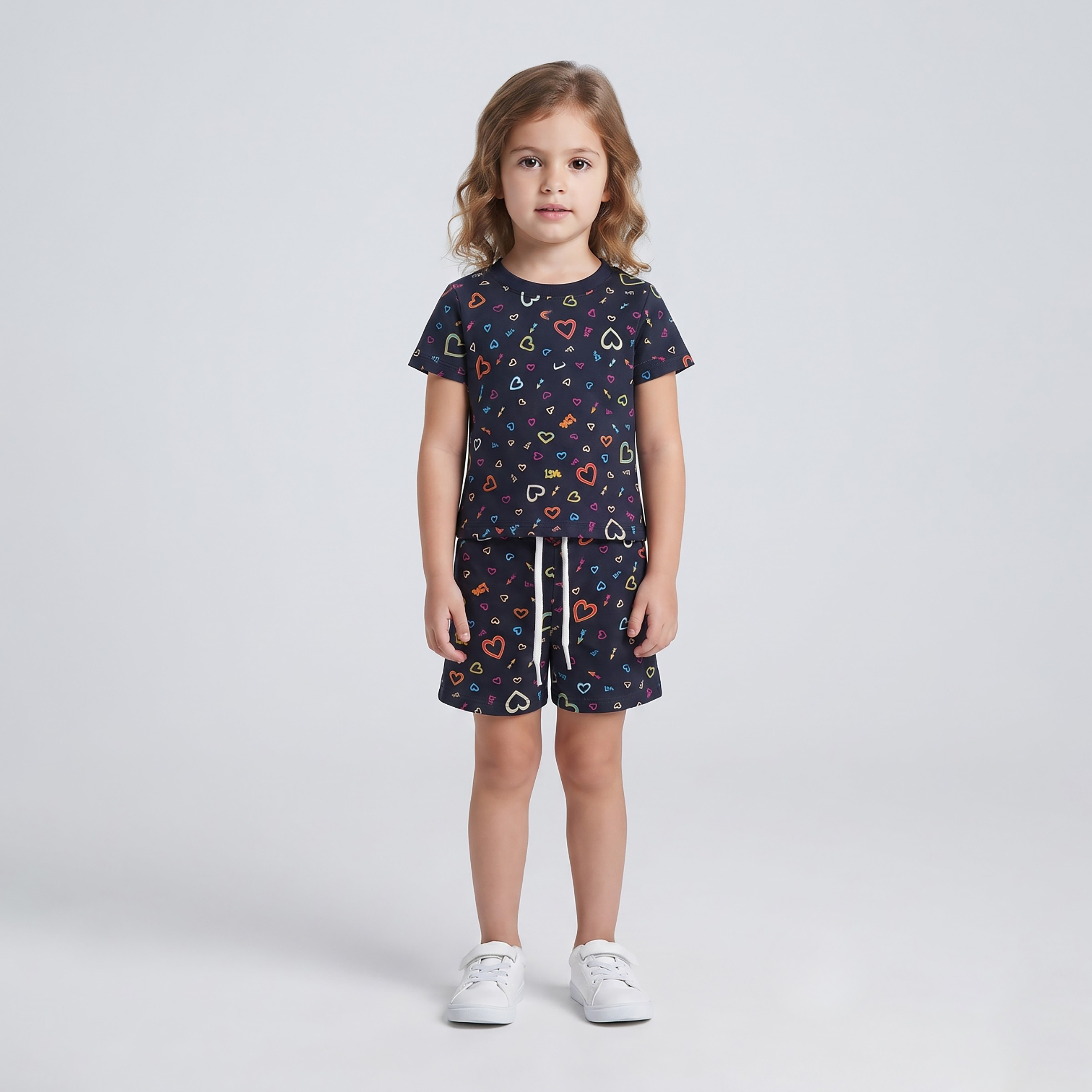 Babyqlo Heart Print Short Sleeves T-Shirt & Shorts Co-ord Set-baby-girls-clothing-setsandcoords-image-1