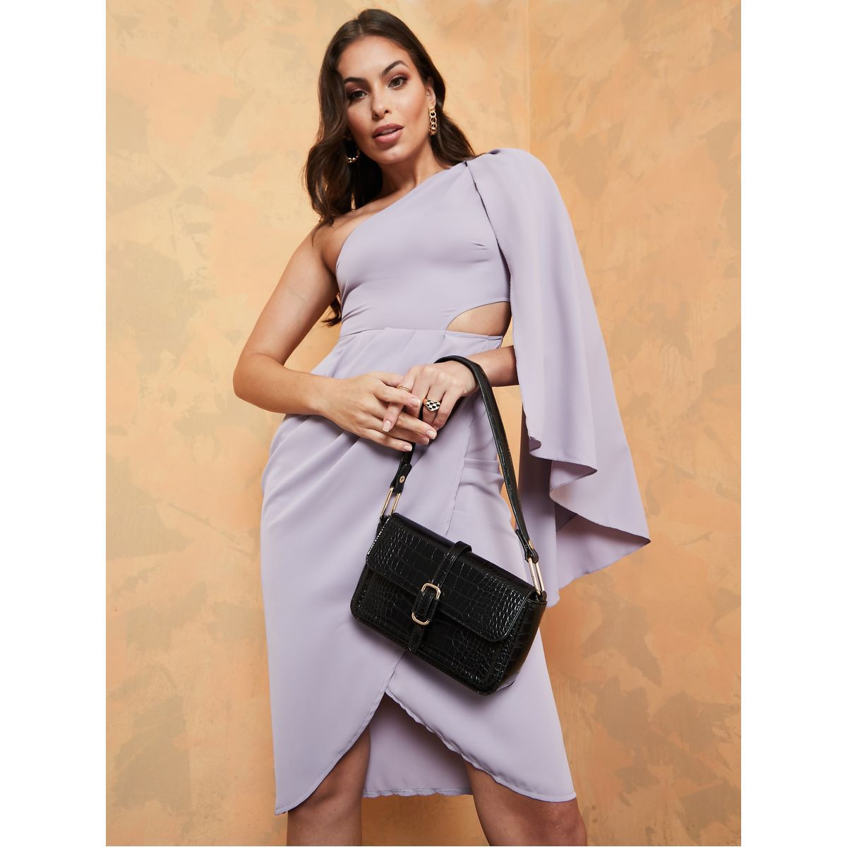 Styli Long Sleeves One Shoulder Neck Wrap Style Midi Dress-women-clothing-dresses-image-1