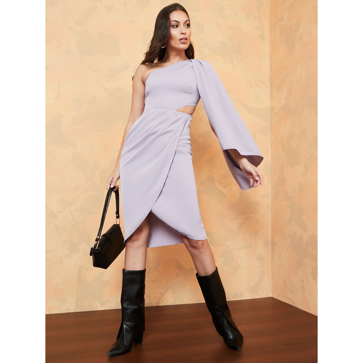 Styli Long Sleeves One Shoulder Neck Wrap Style Midi Dress-women-clothing-dresses-image-2