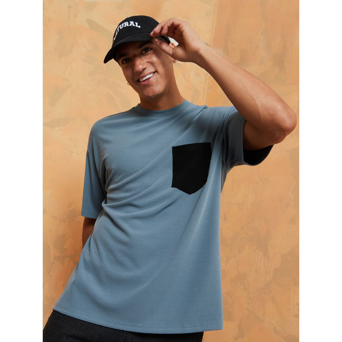 Styli Oversized Solid Fine Rib Texture T-shirt with Contrast Patch Pocket-men-clothing-tshirtsandpolos-tshirts-image-3
