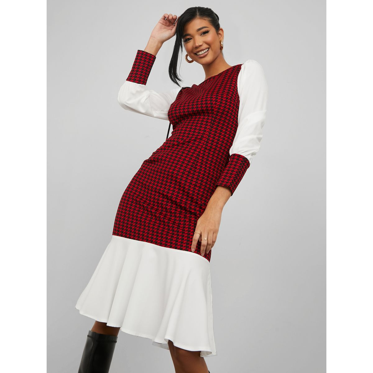 فستان ميدي بديكون مطبع بمربعات-women-clothing-dresses-image-1