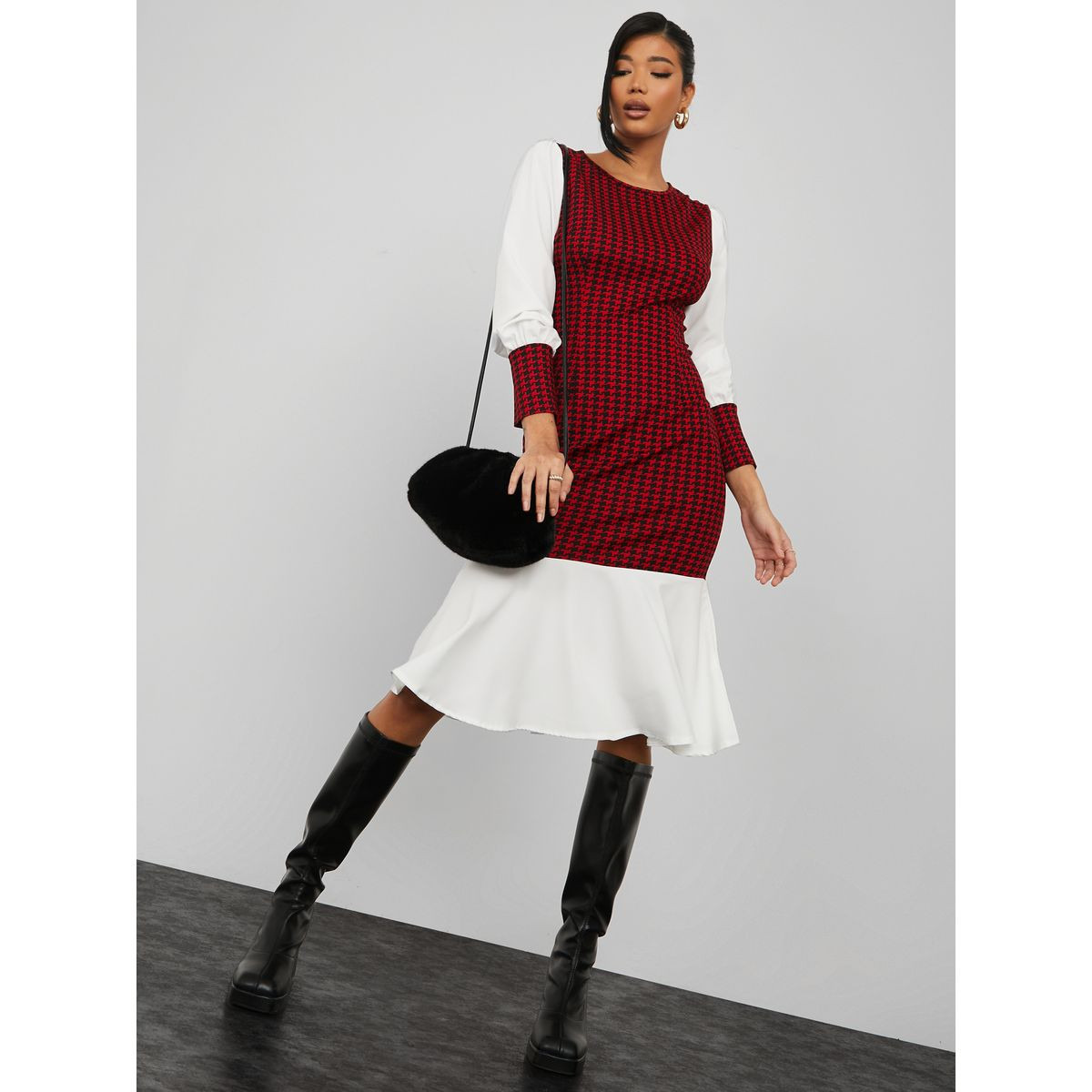 فستان ميدي بديكون مطبع بمربعات-women-clothing-dresses-image-2