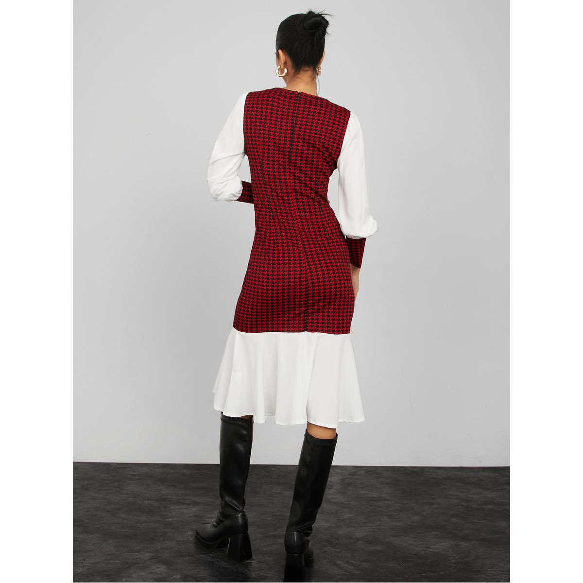 فستان ميدي بديكون مطبع بمربعات-women-clothing-dresses-image-4