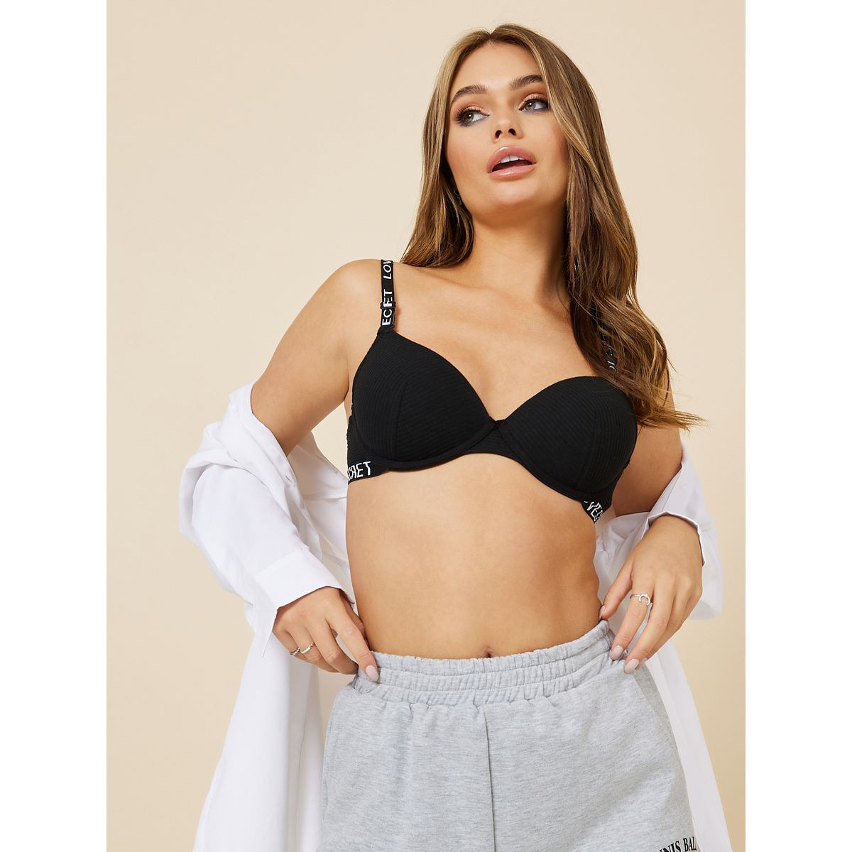 Shop Styli Padded Wired Cotton Love Secret Slogan Elastic