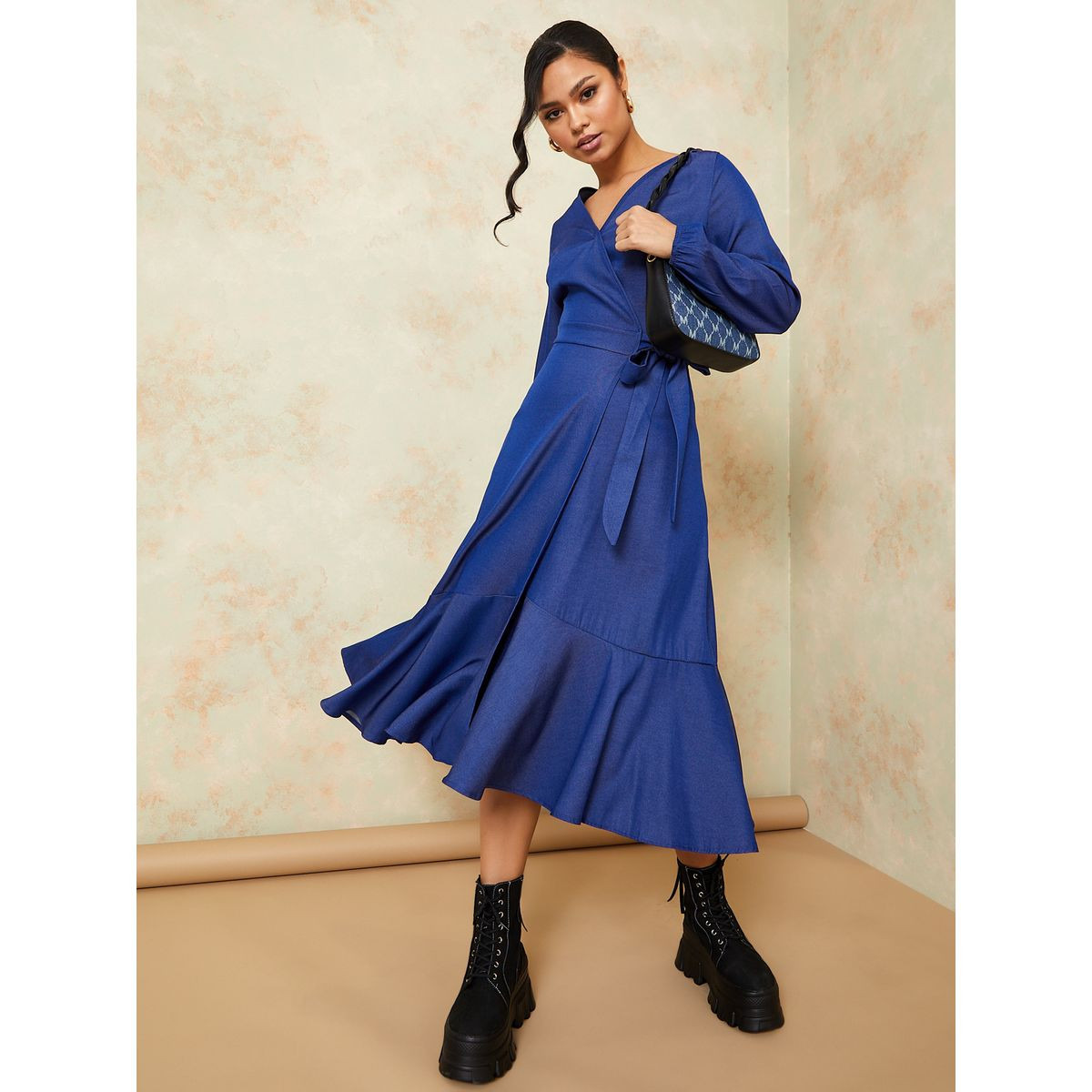 Styli Long Sleeves Frill Hem Denim Wrap Midi Dress-women-clothing-dresses-image-1