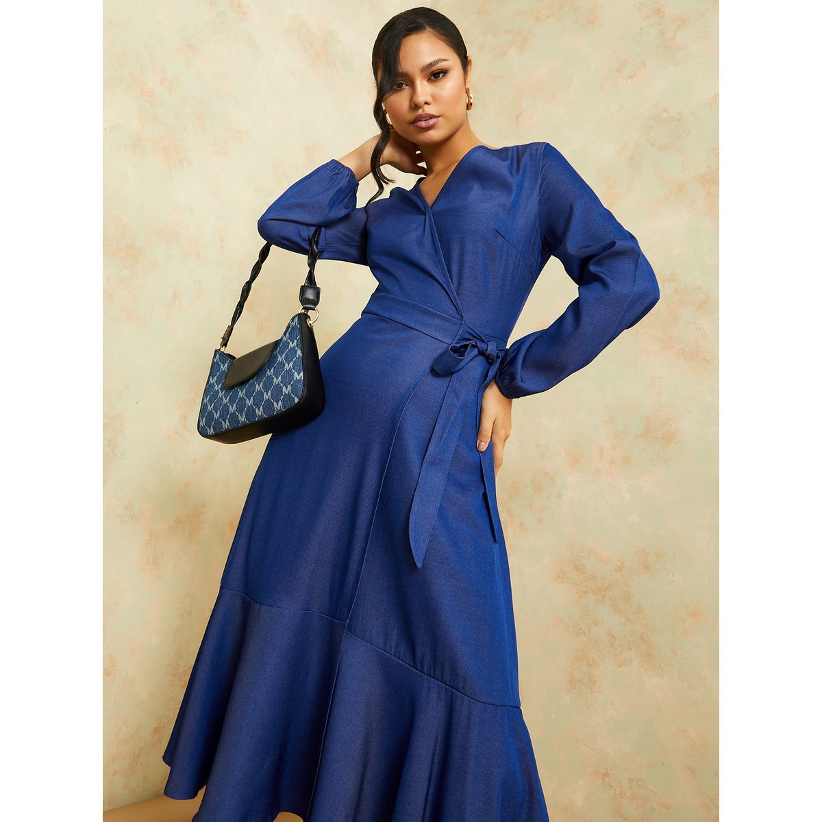 Styli Long Sleeves Frill Hem Denim Wrap Midi Dress-women-clothing-dresses-image-2