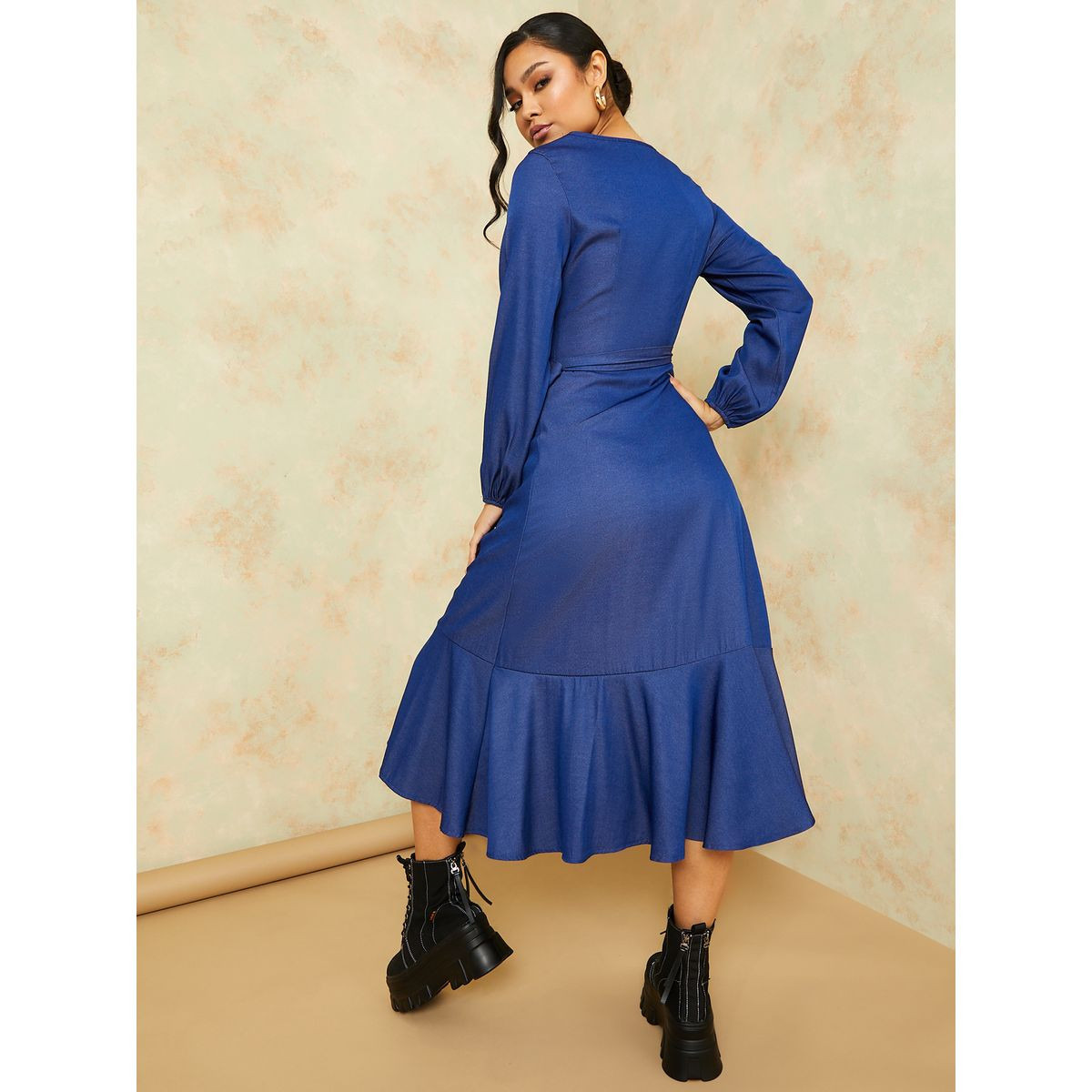 Styli Long Sleeves Frill Hem Denim Wrap Midi Dress-women-clothing-dresses-image-4