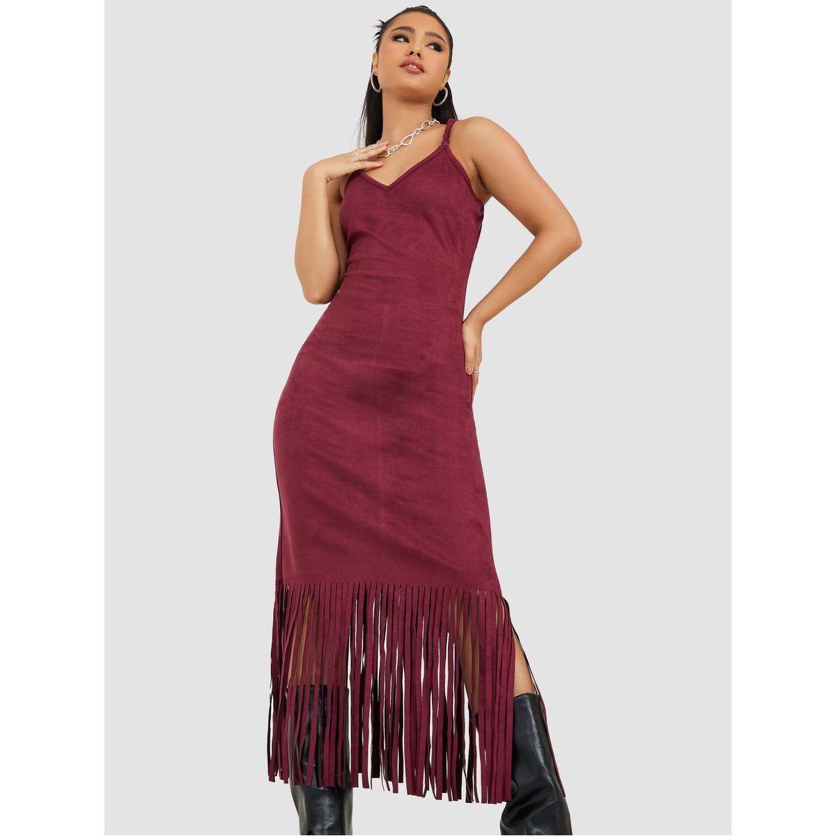 Styli Strappy Fringe Hem Suede Look Midi Dress-women-clothing-dresses-image-2