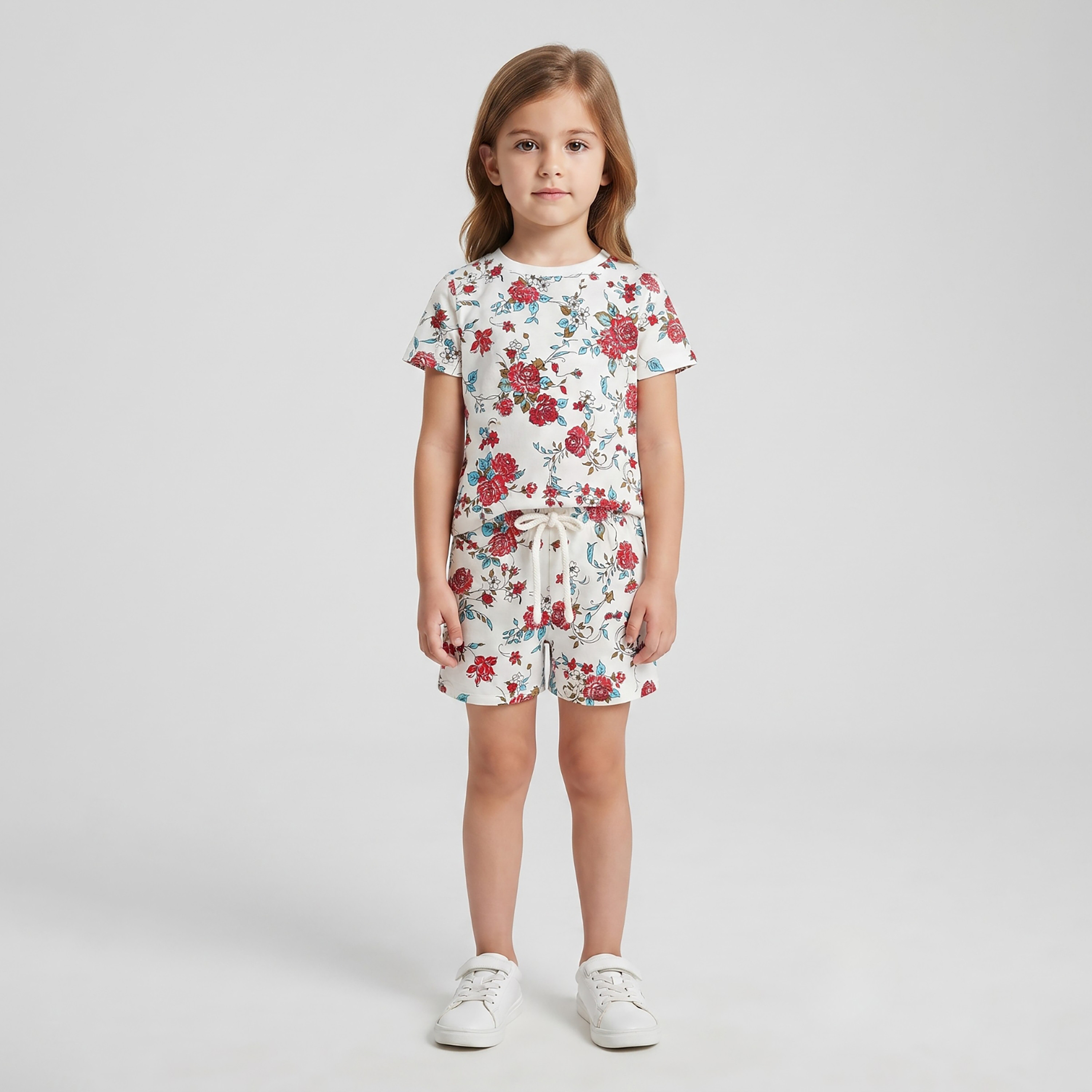 طقم متناسق تيشرت بأكمام قصيرة وبنطال بيجامة بطبعة أزهار من بيبي كلو-baby-girls-clothing-setsandcoords-image-1