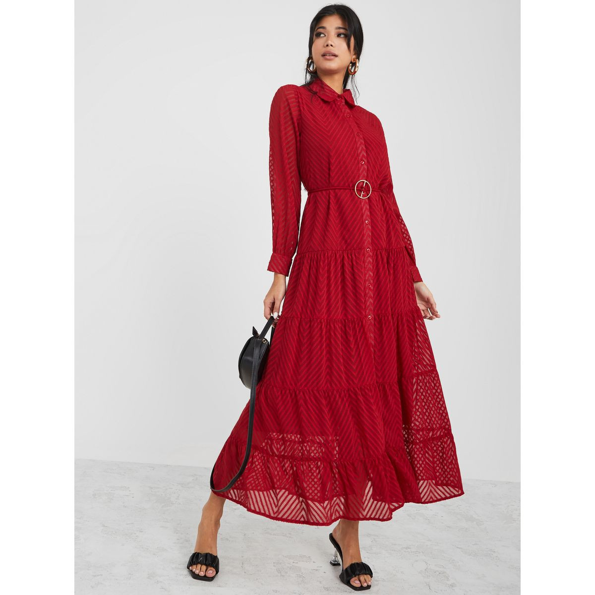 Styli Long Sleeves Chevron Dobby Tiered Maxi Dress-women-clothing-dresses-image-1