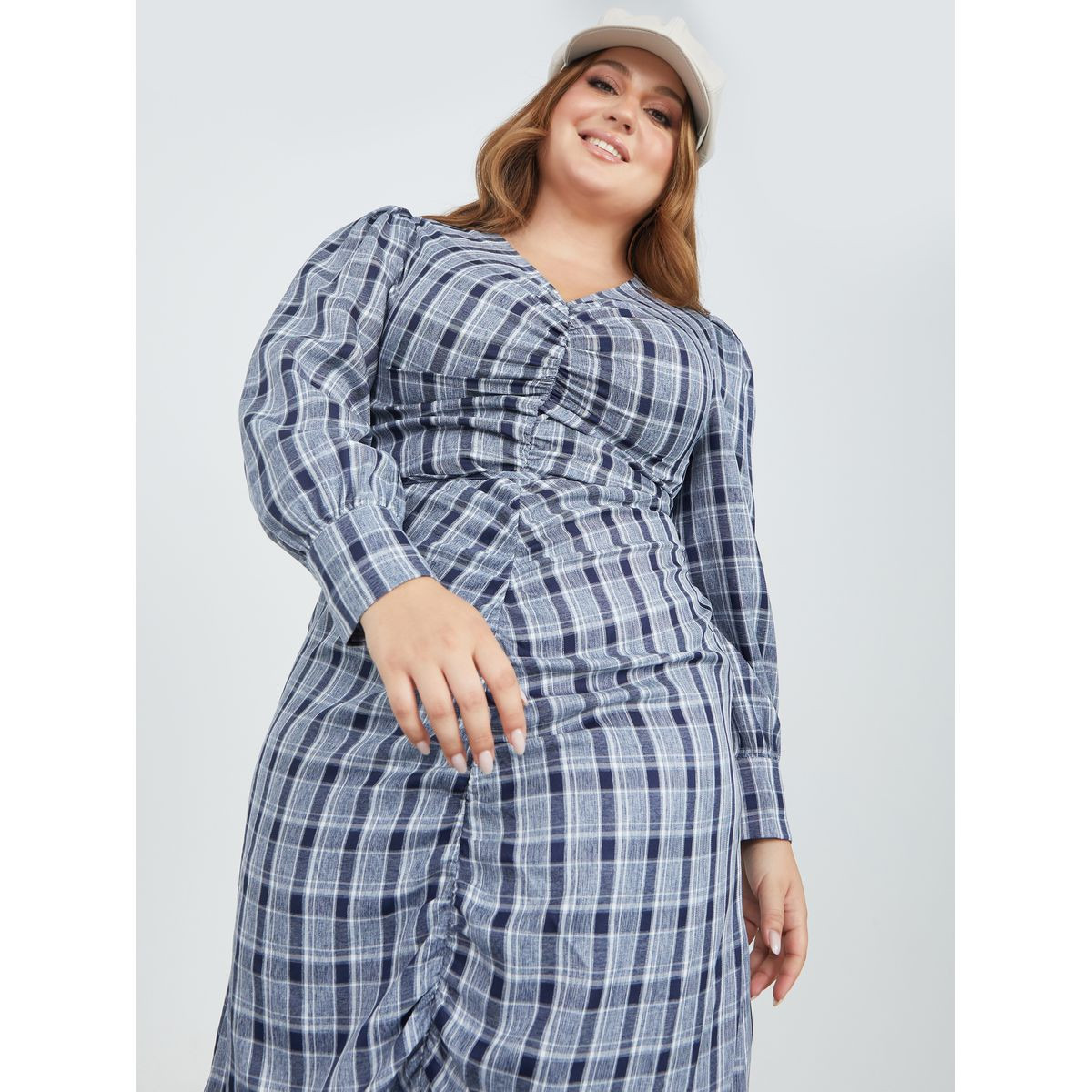 Styli Plus Long Sleeves Ruched Front Detail Checked A-Line Maxi Dress-women-clothing-dresses-image-2