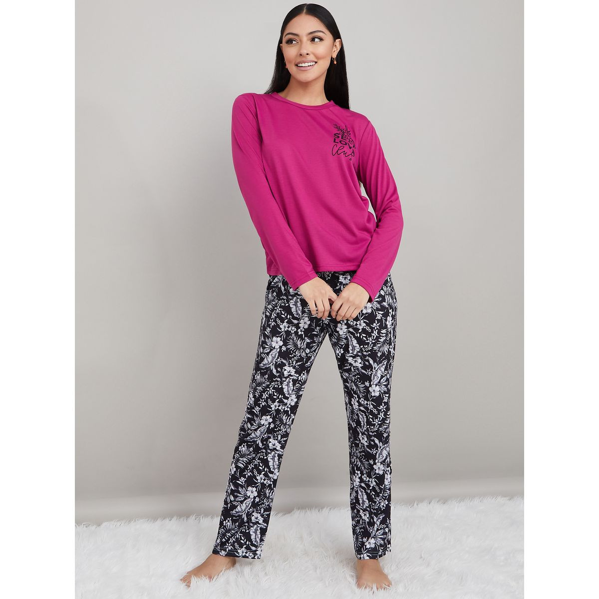 Styli Unwind Long Sleeves Self Love Slogan Print T-shirt and Mono Floral Print Pyjama Set-women-clothing-nightwear-pyjamas-longsets-image-2