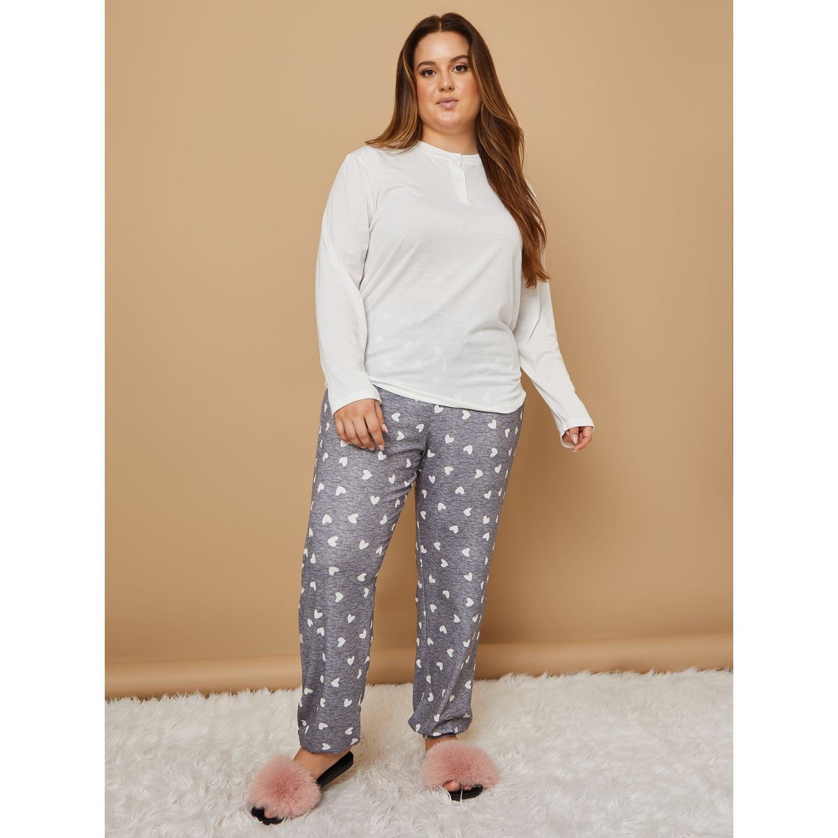 Styli Plus Long Sleeves Placket Solid T-Shirt & Melange Heart Cuffed Pyjama Set-women-clothing-nightwear-pyjamas-longsets-image-1