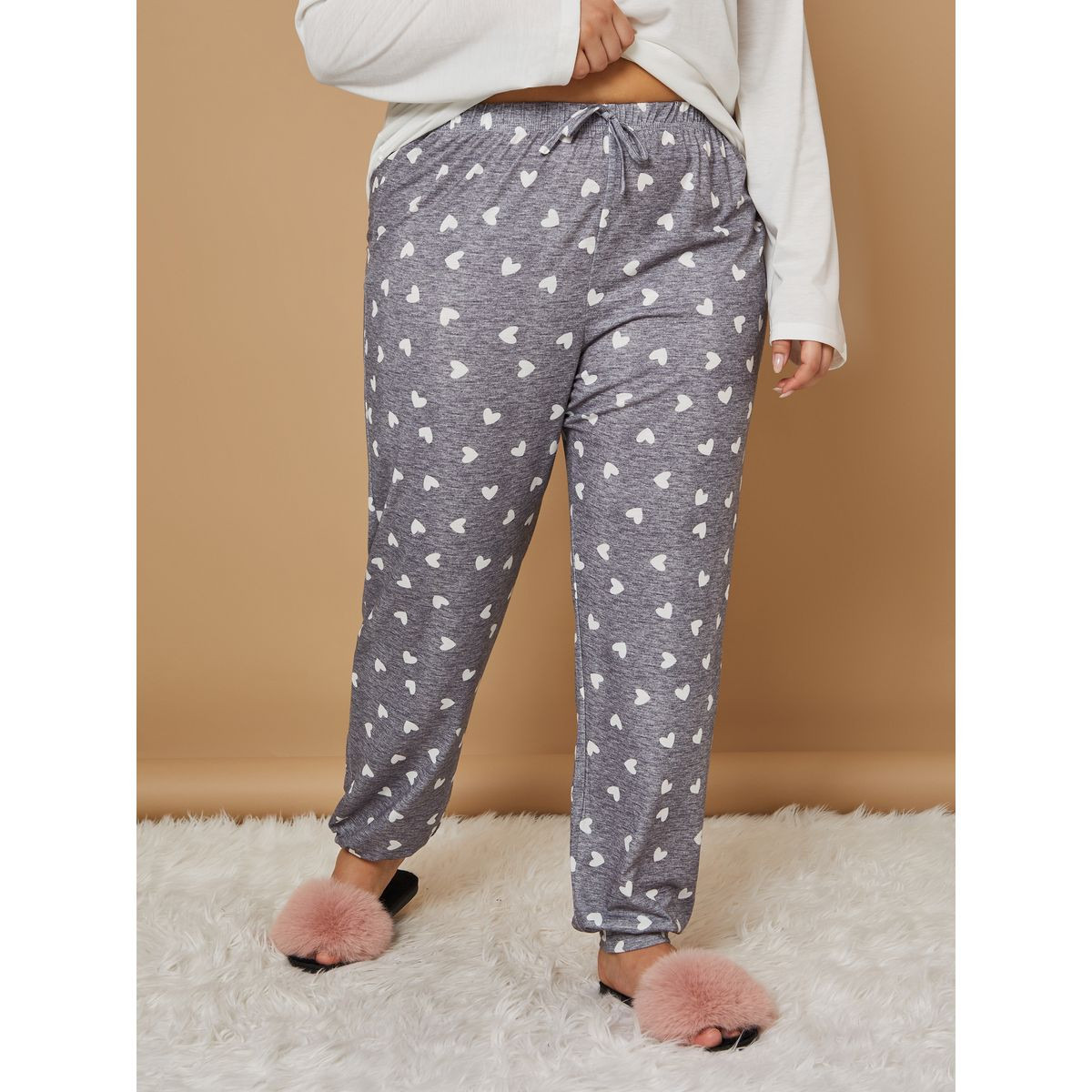 Styli Plus Long Sleeves Placket Solid T-Shirt & Melange Heart Cuffed Pyjama Set-women-clothing-nightwear-pyjamas-longsets-image-4