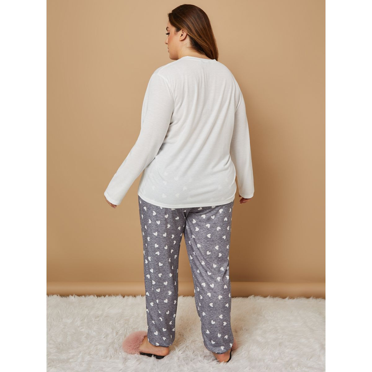 Styli Plus Long Sleeves Placket Solid T-Shirt & Melange Heart Cuffed Pyjama Set-women-clothing-nightwear-pyjamas-longsets-image-5