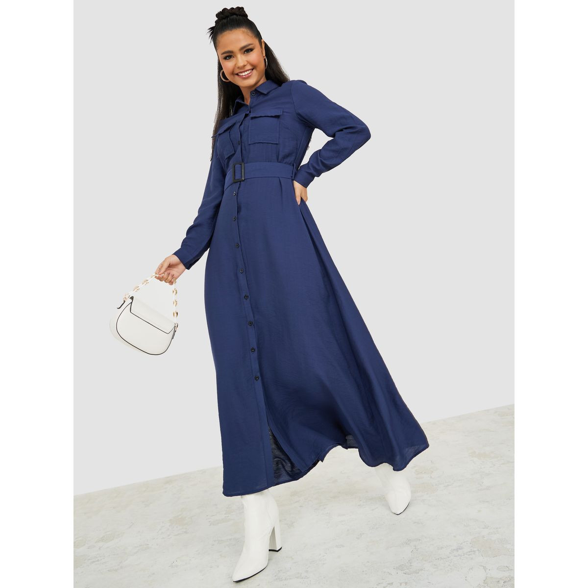 Styli Long Sleeves Button Through Shirt Maxi Dress with Belt-women-clothing-dresses-image-1