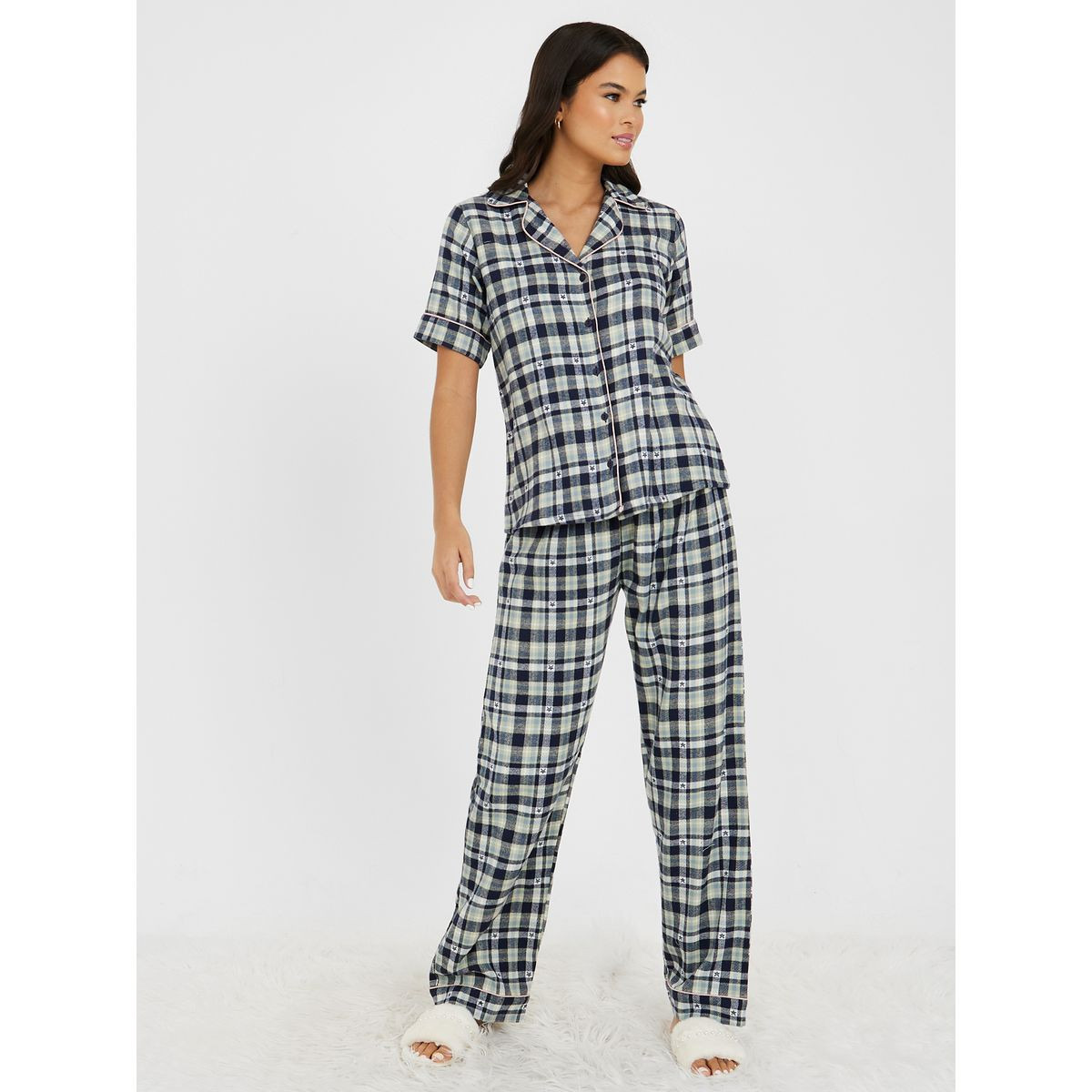 Styli Unwind Cotton Checked Button Through Shirt & Pyjama Set-women-clothing-nightwear-pyjamas-longsets-image-1