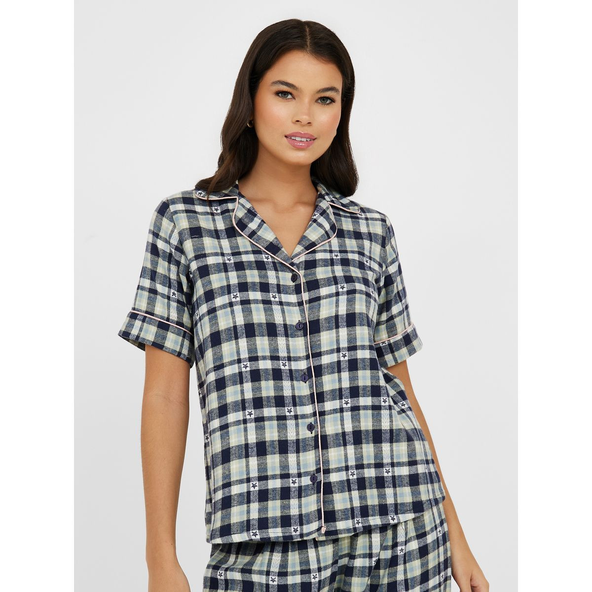 Styli Unwind Cotton Checked Button Through Shirt & Pyjama Set-women-clothing-nightwear-pyjamas-longsets-image-2