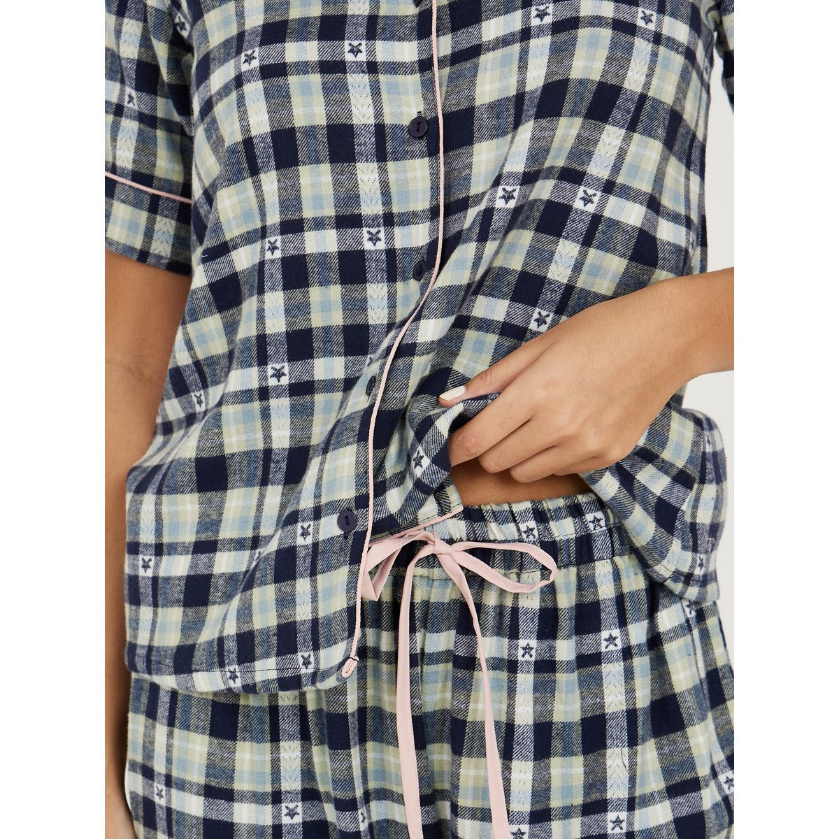Styli Unwind Cotton Checked Button Through Shirt & Pyjama Set-women-clothing-nightwear-pyjamas-longsets-image-3