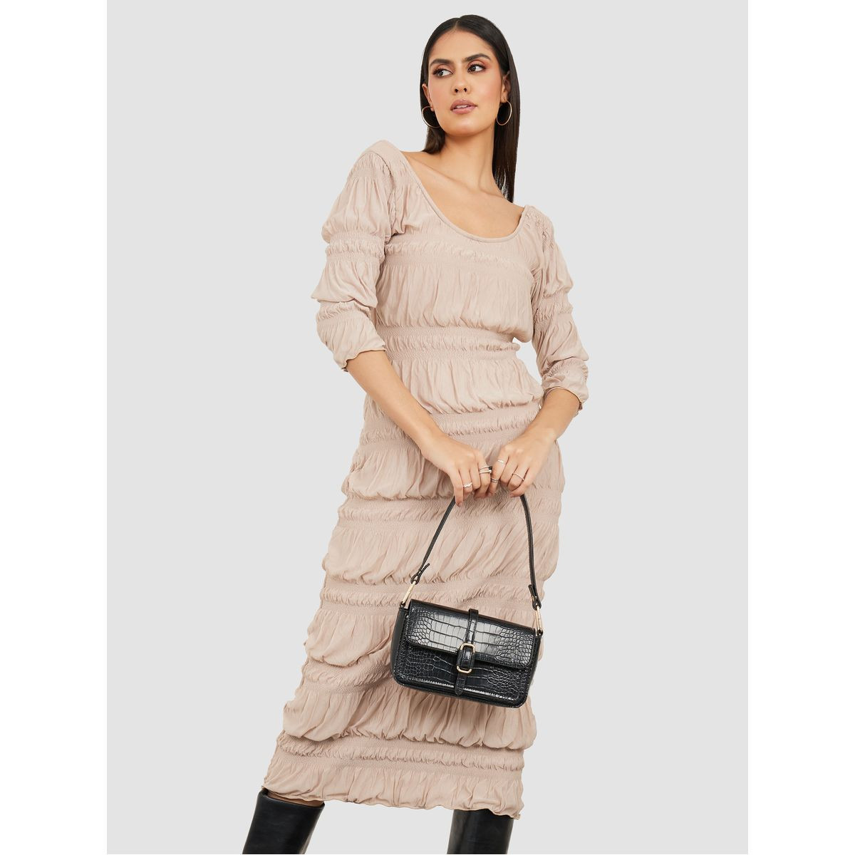 Styli 3/4 Sleeves Scoop Neck Shirred Midi Dress-women-clothing-dresses-image-1