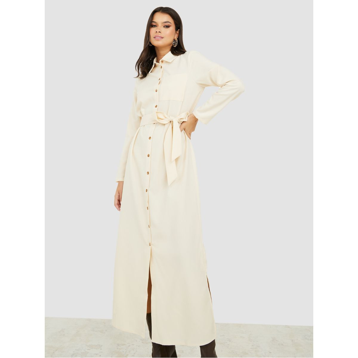 Styli Long Sleeves Plain Shirt Maxi Dress with Self Tie-women-clothing-dresses-image-2