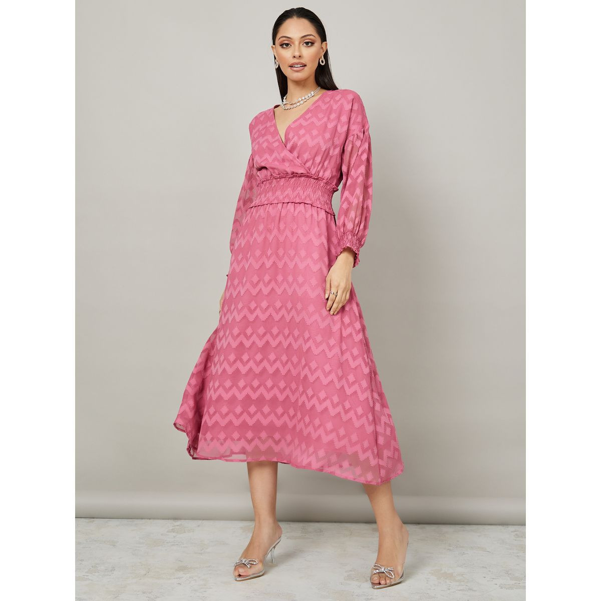 Styli Long Sleeves Zig Zag Texture A-Line Midi Dress-women-clothing-dresses-image-2