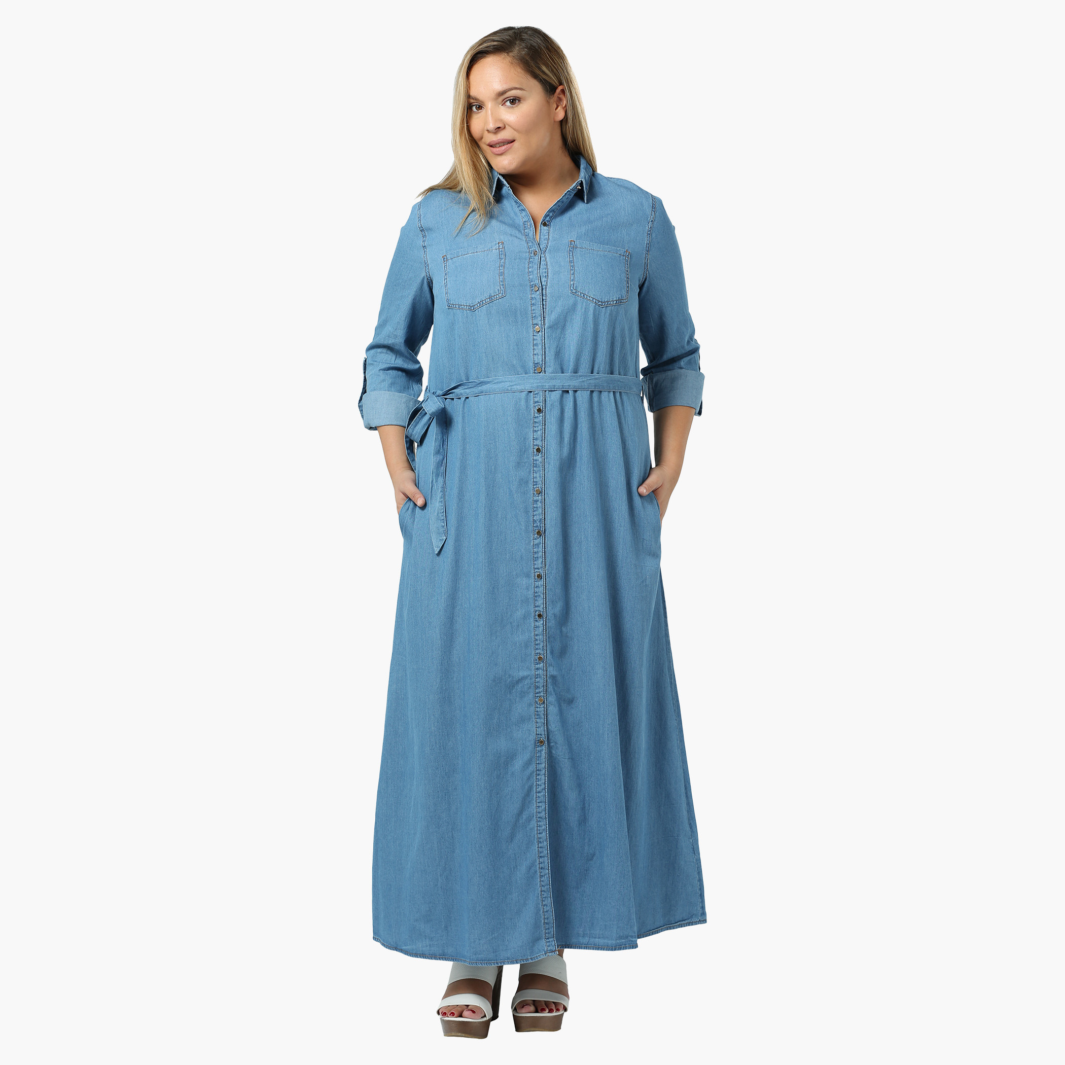 Buy Plus Size Denim Maxi Dress with Tie up at the Waist Splash Bahrain