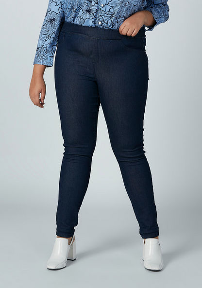 Plus Size Solid Jeggings with Pocket Detail and Elasticised Waistband-Leggings & Jeggings-image-0