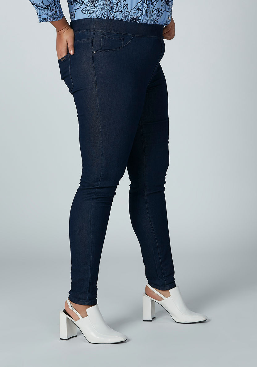 Plus Size Solid Jeggings with Pocket Detail and Elasticised Waistband-Leggings and Jeggings-image-2