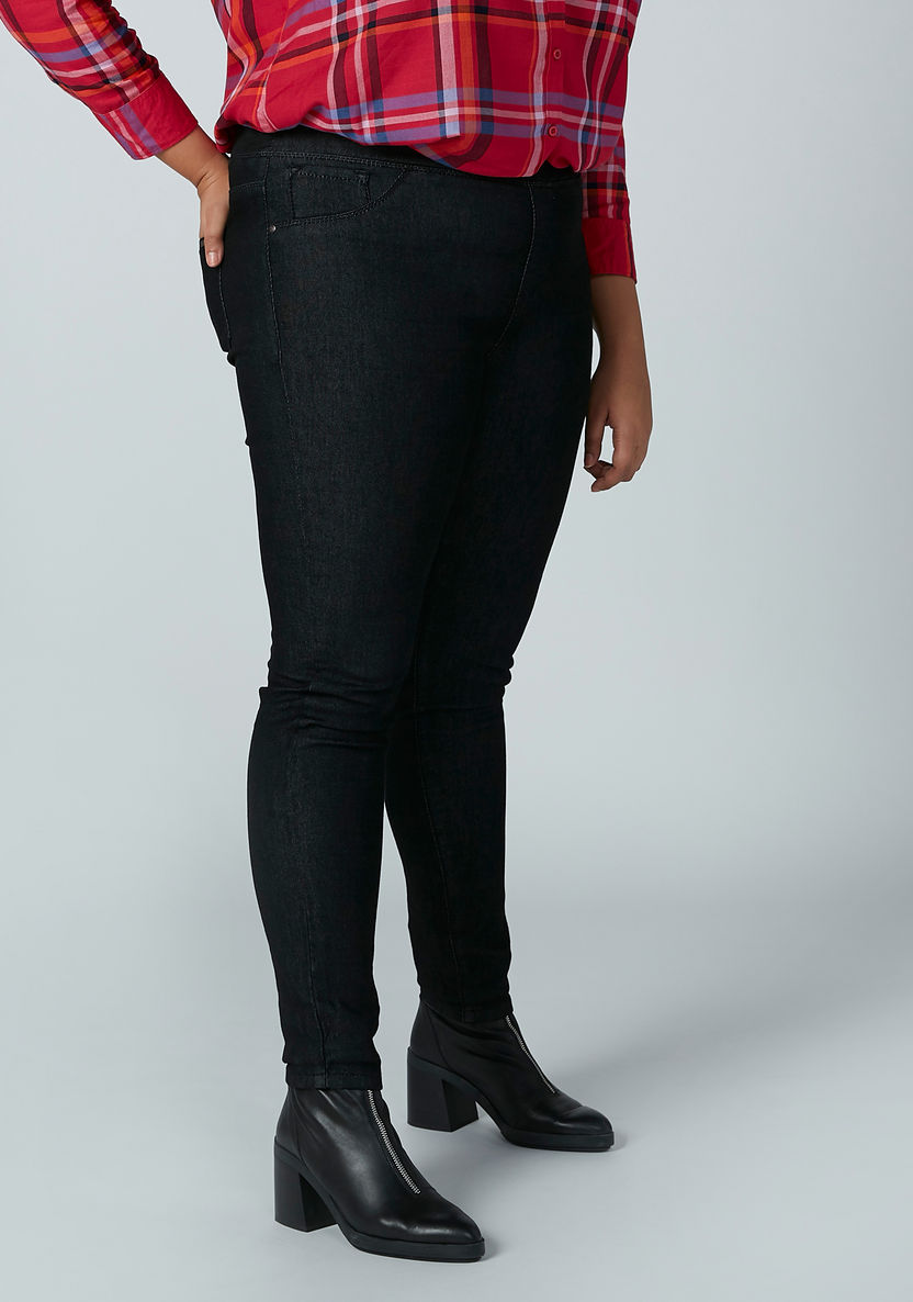 Plus Size Solid Jeggings with Pocket Detail and Elasticised Waistband-Leggings and Jeggings-image-3