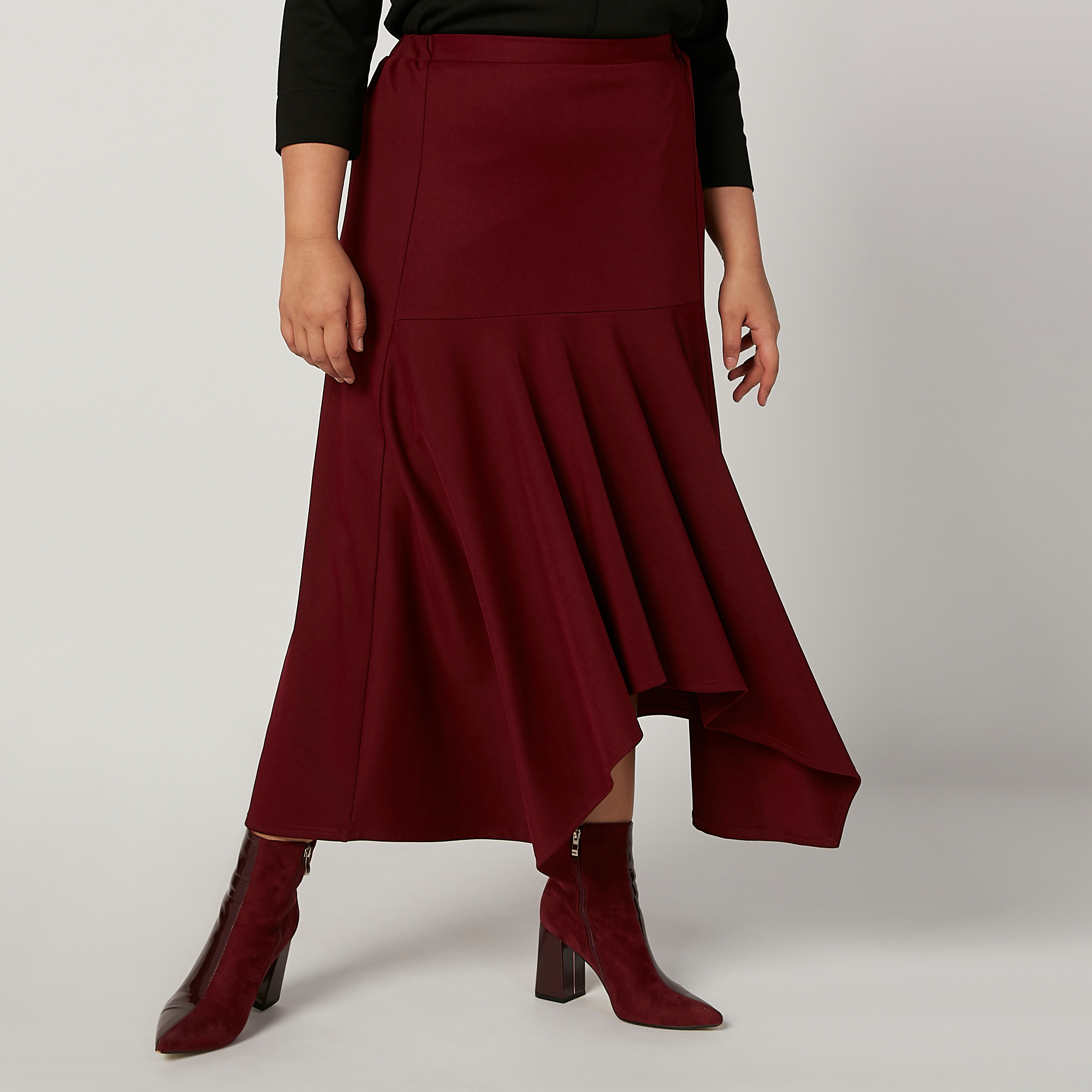تنورة ميدي سادة بأطراف غير مستوية وخصر مطاطي-women-clothing-skirts-image-1