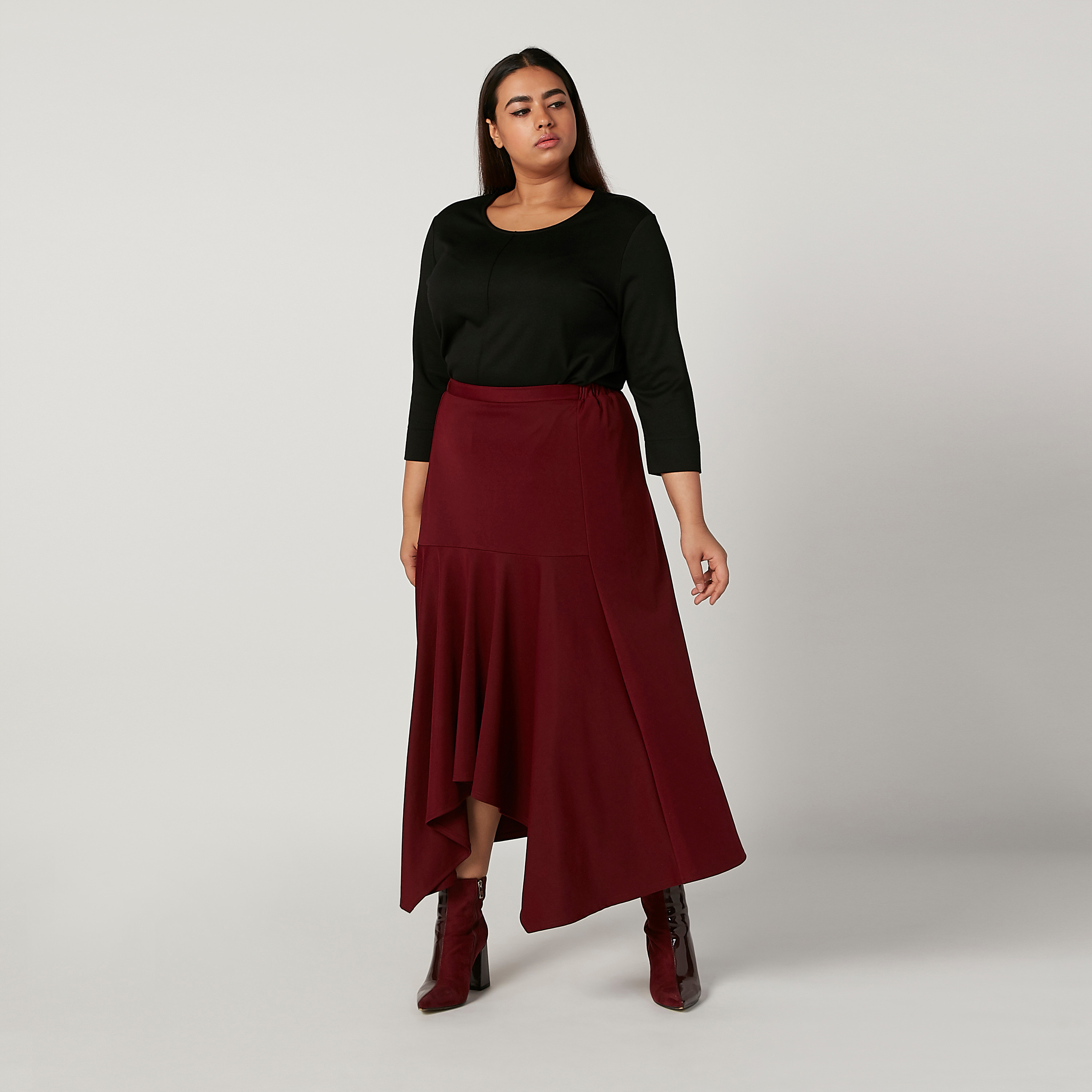 تنورة ميدي سادة بأطراف غير مستوية وخصر مطاطي-women-clothing-skirts-image-2