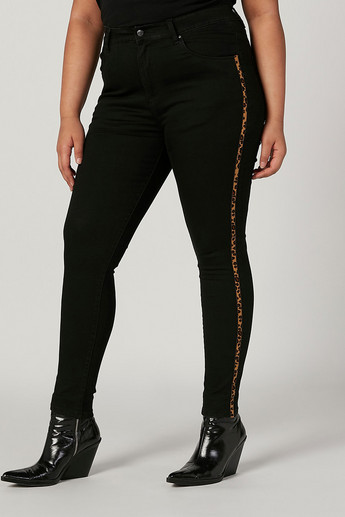 Buy Women's Full Length Mid Waist Jeans with Animal Printed Tape Detail  Online