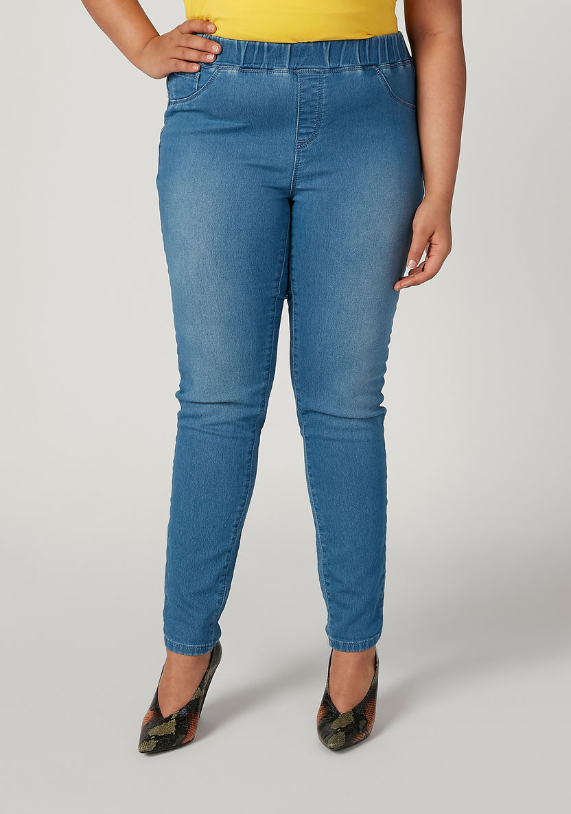 Plus Size Full Length Plain Jeggings with Pockets and Elasticised Waistband-Leggings and Jeggings-image-0