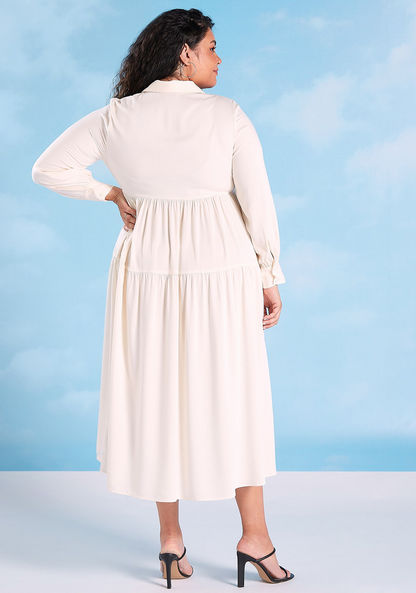Plain Midi A-line Dress with Long Sleeves and Spread Collar