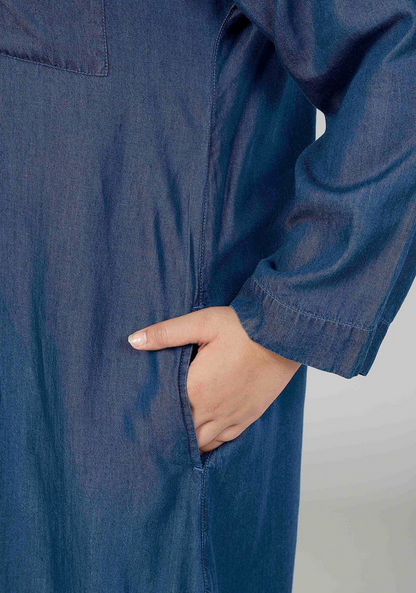 Plain Midi Shirt Dress with Long Sleeves and Pocket Detail