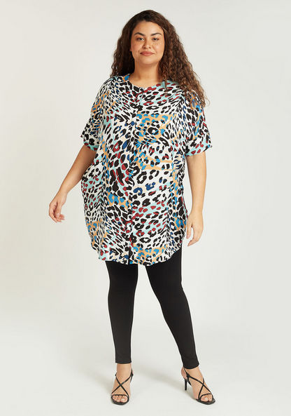 Animal Print Longline Top with Round Neck and Short Sleeves