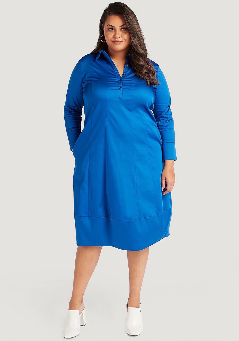 Solid Midi Shirt Dress with Long Sleeves and Pockets-Dresses-image-0