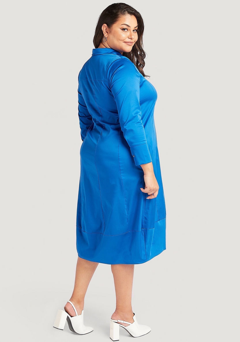 Solid Midi Shirt Dress with Long Sleeves and Pockets-Dresses-image-2