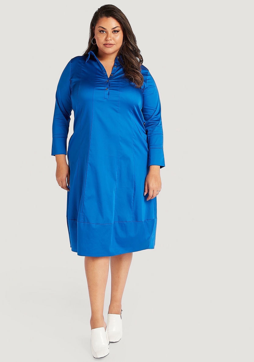 Solid Midi Shirt Dress with Long Sleeves and Pockets-Dresses-image-3