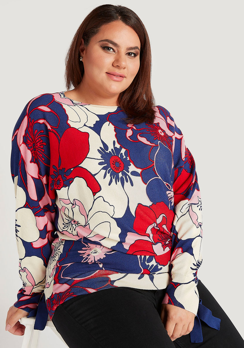 Floral Print Top with Dolman Sleeves and Bow Detail-Shirts and Blouses-image-0