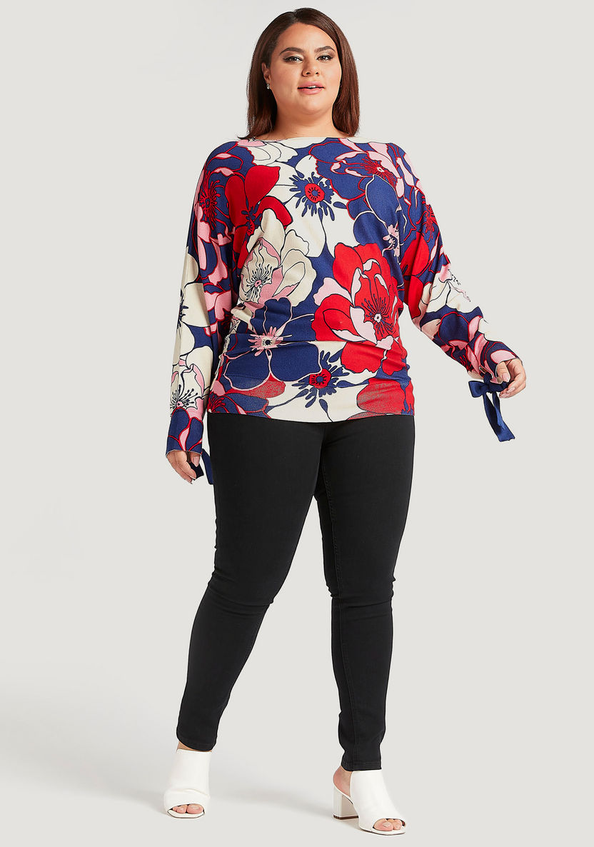 Floral Print Top with Dolman Sleeves and Bow Detail-Shirts and Blouses-image-1