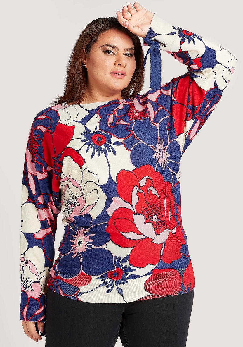 Floral Print Top with Dolman Sleeves and Bow Detail-Shirts and Blouses-image-4