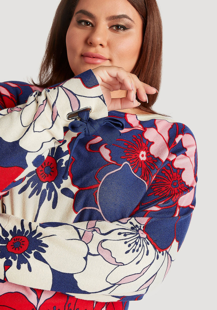 Floral Print Top with Dolman Sleeves and Bow Detail-Shirts and Blouses-image-5