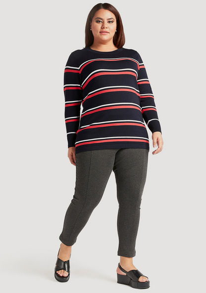Striped Round Neck Sweater with Long Sleeves and Button Detail
