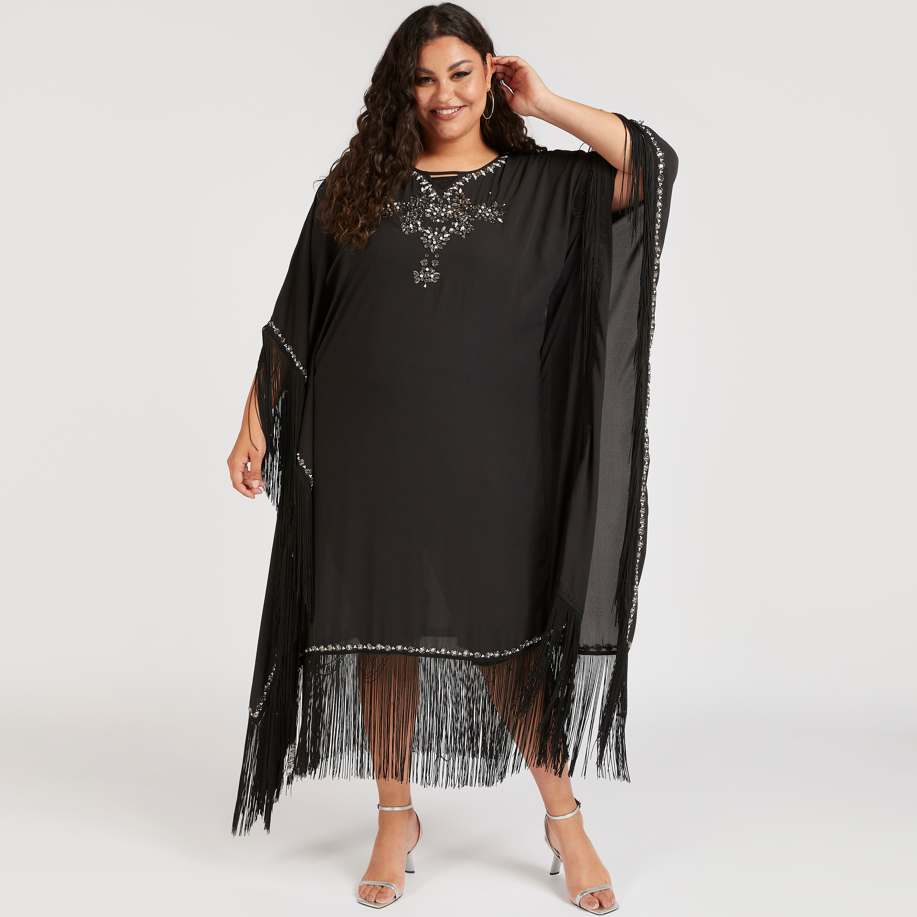 Embellished A-line Kaftan with 3/4 Sleeves and Fringes-women-clothing-dresses-image-1