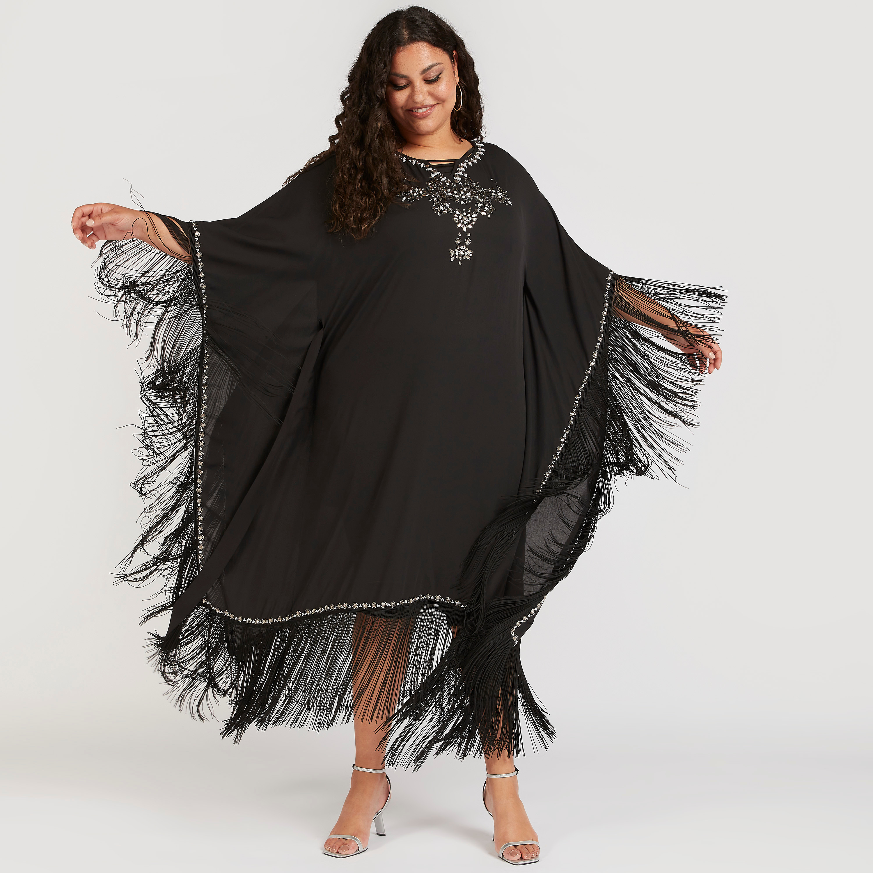 Embellished A-line Kaftan with 3/4 Sleeves and Fringes-women-clothing-dresses-image-2