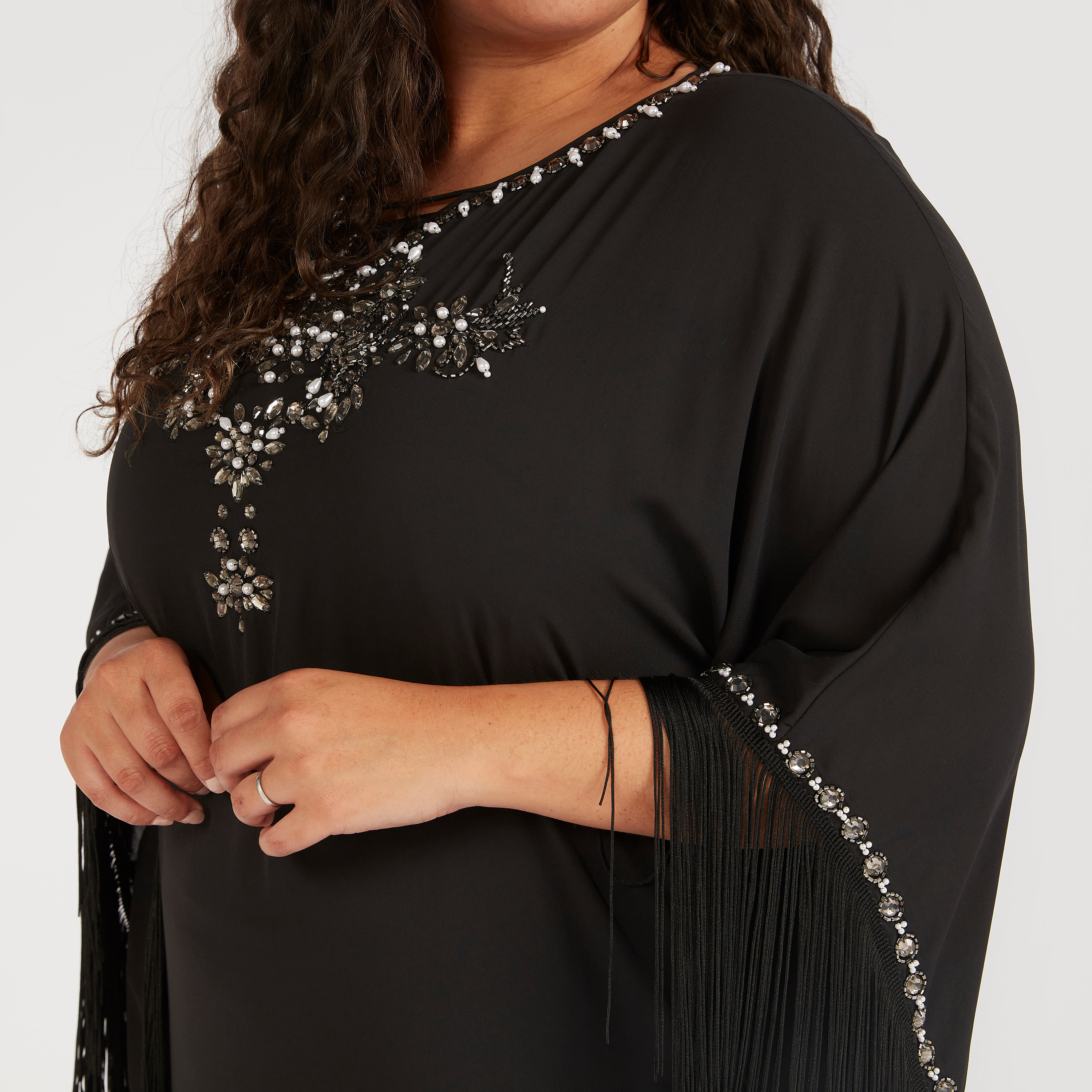 Embellished A-line Kaftan with 3/4 Sleeves and Fringes-women-clothing-dresses-image-3