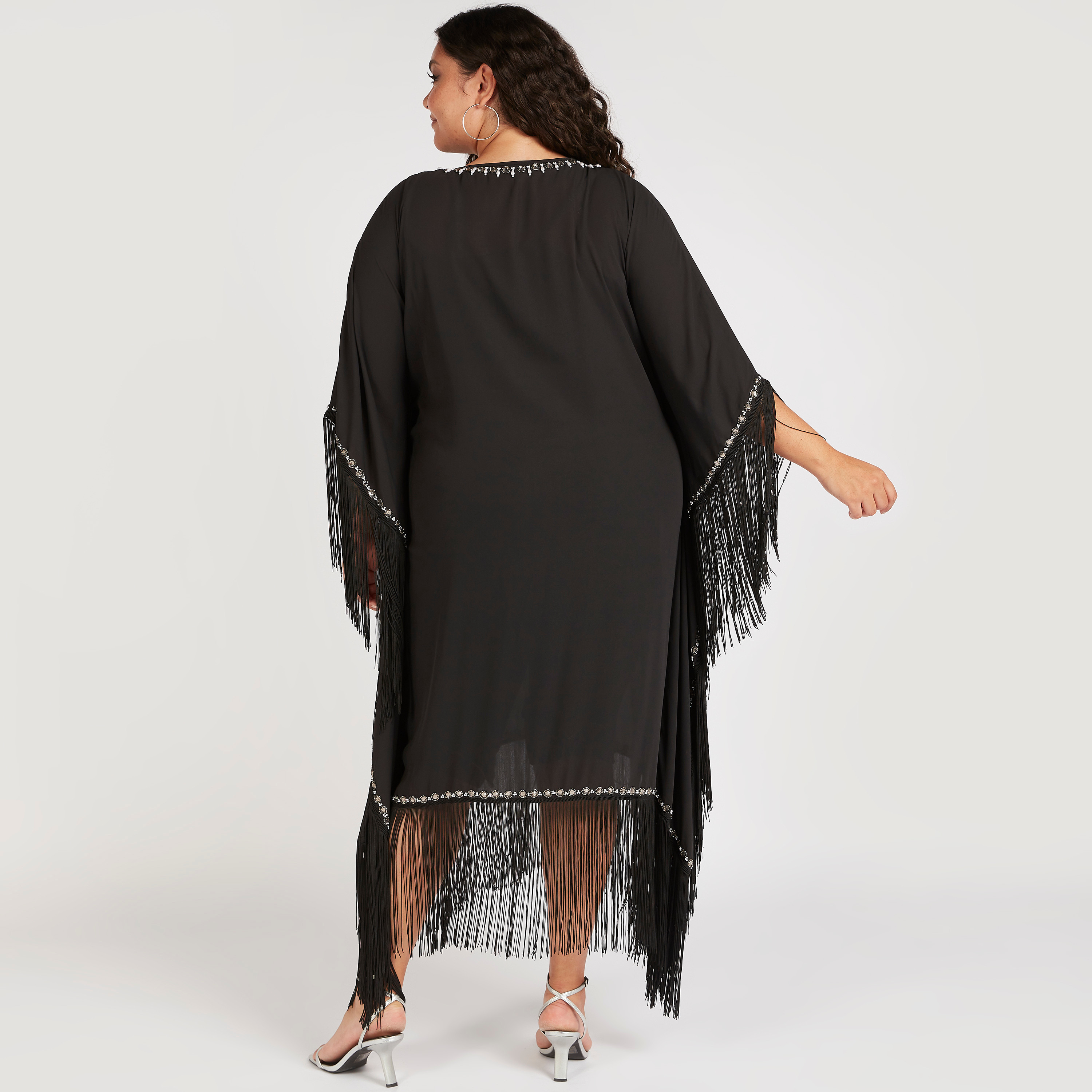 Embellished A-line Kaftan with 3/4 Sleeves and Fringes-women-clothing-dresses-image-4