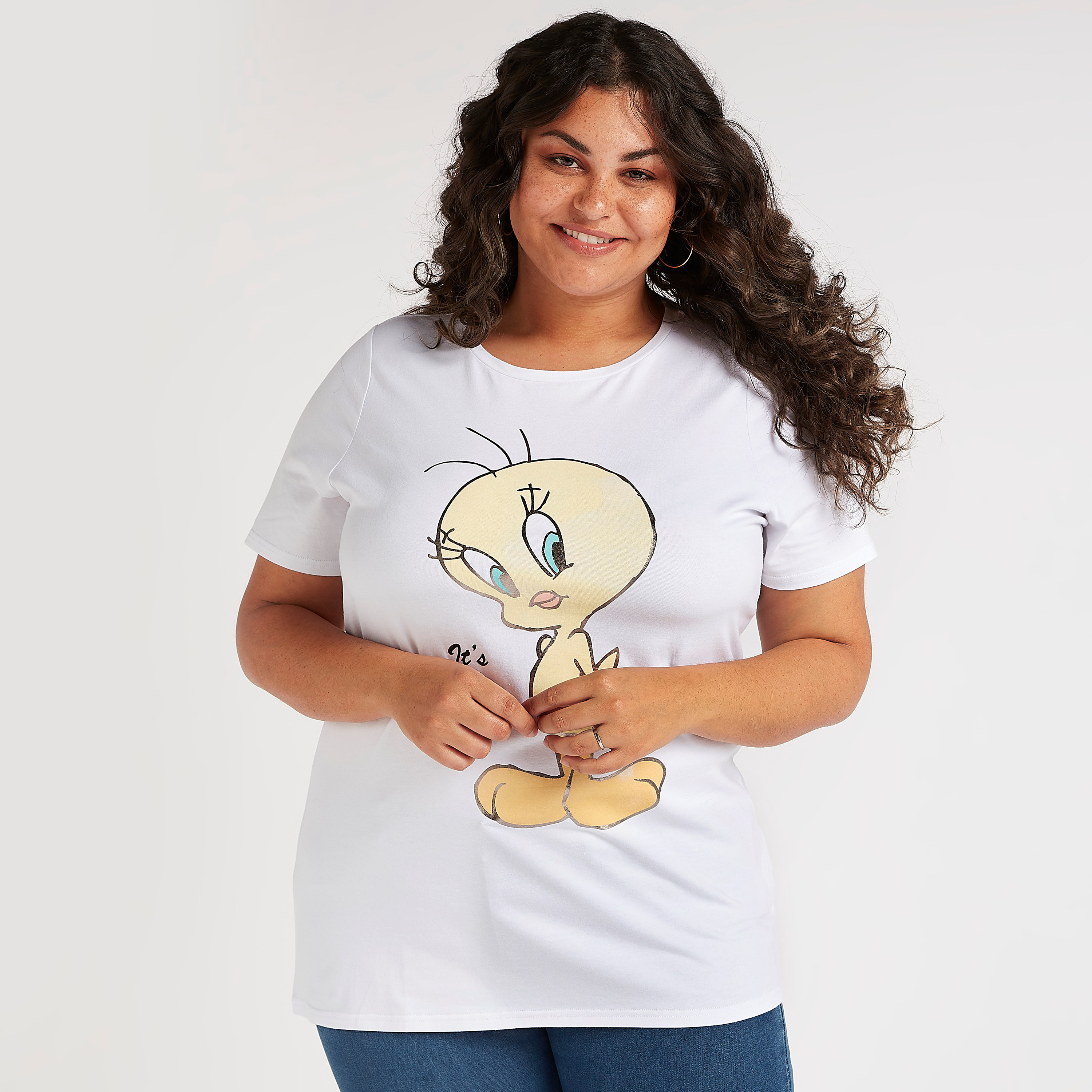 Tweety Bird Print Crew Neck T-shirt with Short Sleeves-women-clothing-tshirts-image-1